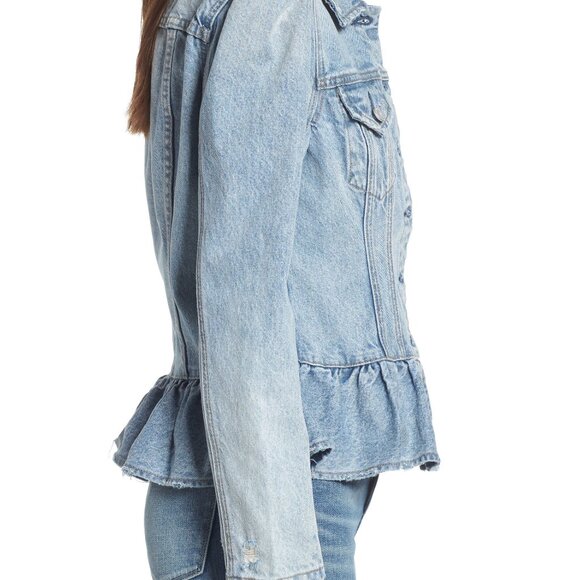 NWOT Chelsea & Violet Peplum Hem Puff Sleeve Distressed Denim Jean Jacket | XS - Picture 8 of 11